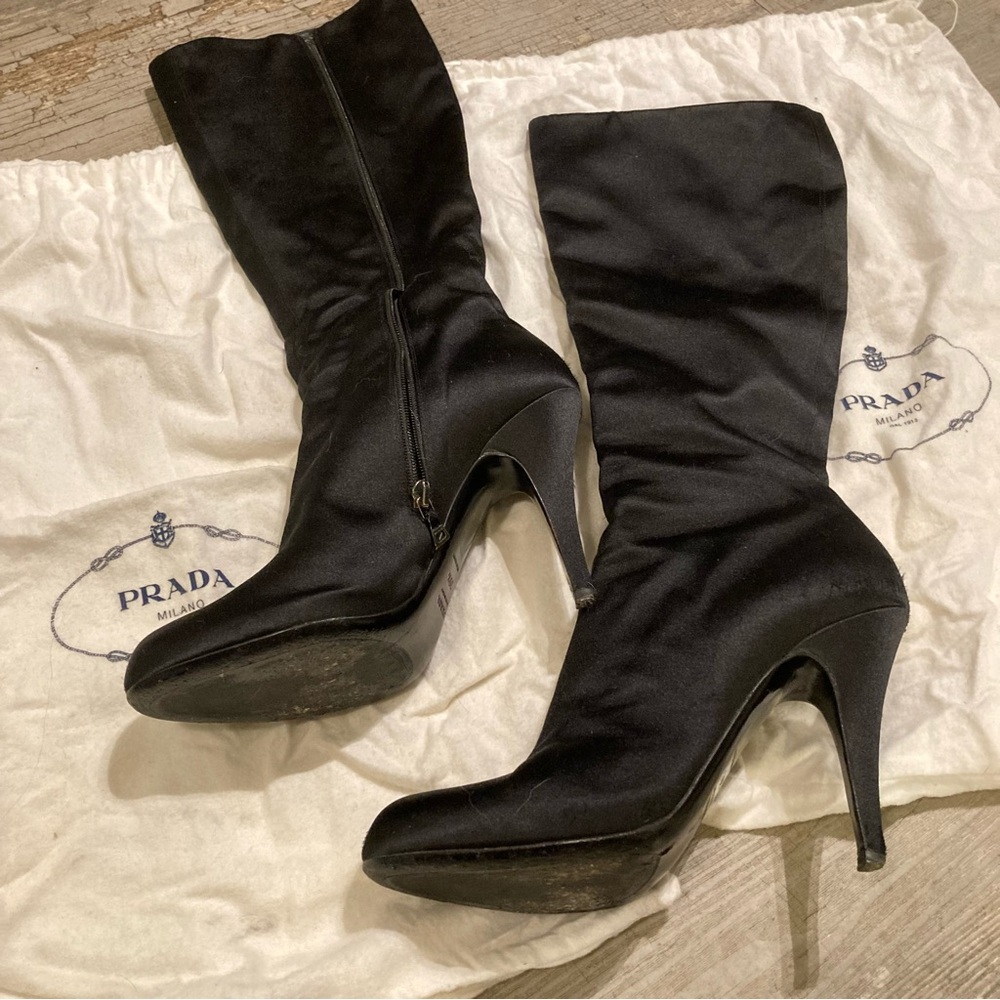 Prada Black Satin Knee-High Stiletto Boots - Picture 3 of 12